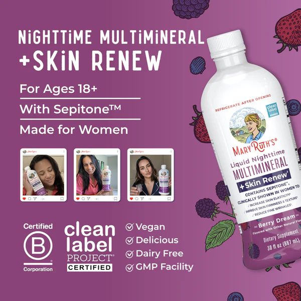 Multimineral Nocturno + Renovacion de Piel Sabor Frutos Rojos, Liquido (30 fl oz 887 ml), Mary Ruth's