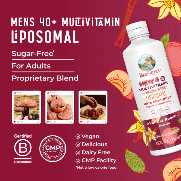 Multivitaminico Liposomal 40+ para Hombres Sabor Vainilla Durazno, Liquido 450 ml (15.22 fl oz), Mary Ruth's