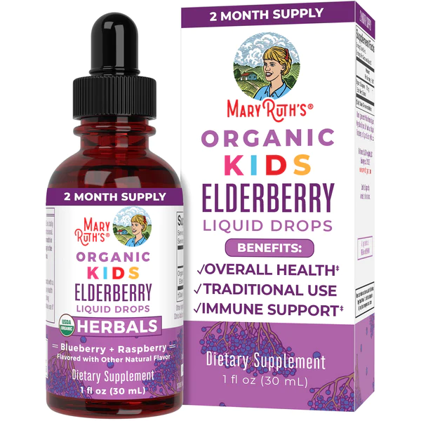 Elderberry Organico para Niños Sabor Arandano y Frambuesa, Liquido (1 fl oz 30 ml), Mary Ruth's