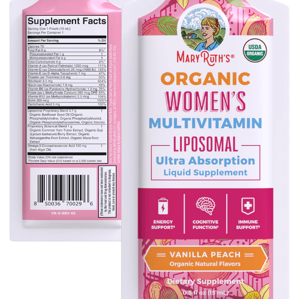 Multivitaminico Liposomal para Mujeres Sabor Vainilla Melocoton 14 sobres de 15 ml (0.5 fl oz), Mary Ruth's