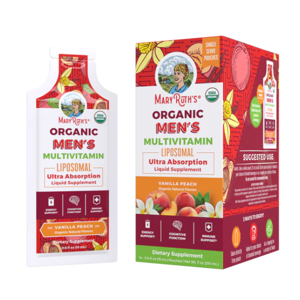 Multivitaminico Liposomal Organico para Hombres Sabor Vainilla Melocoton 14 sobres de 15 ml (0.5 fl oz), Mary Ruth's