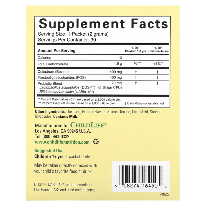 Probioticos con Calostro para Niños ChildBiotics, Polvo (30 Pack/2 g), Child Life