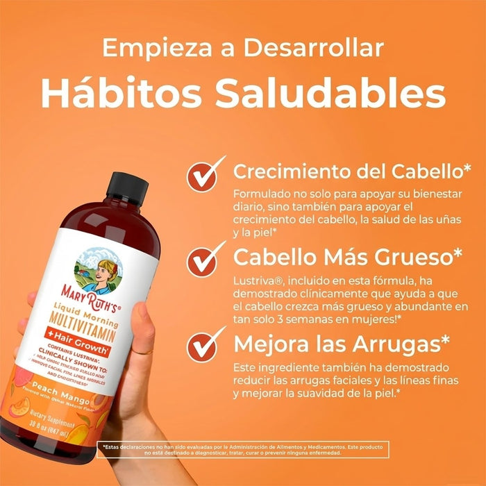 Multivitaminico Matutino + Crecimiento del Cabello Sabor Durazno-Mango, Liquido 450 ml (15.22 fl oz), Mary Ruth´s
