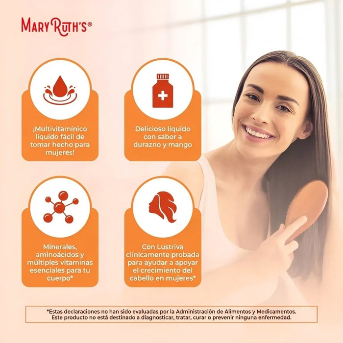 Multivitaminico Matutino + Crecimiento del Cabello Sabor Durazno-Mango, Liquido 887 ml (30 fl oz), Mary Ruth's