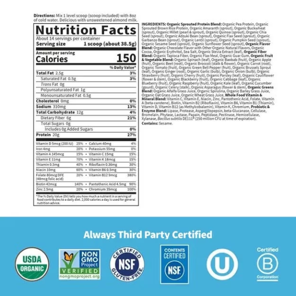 Proteina Vegetariana Cruda Organica sabor Chocolate (539 g), Garden Of Life