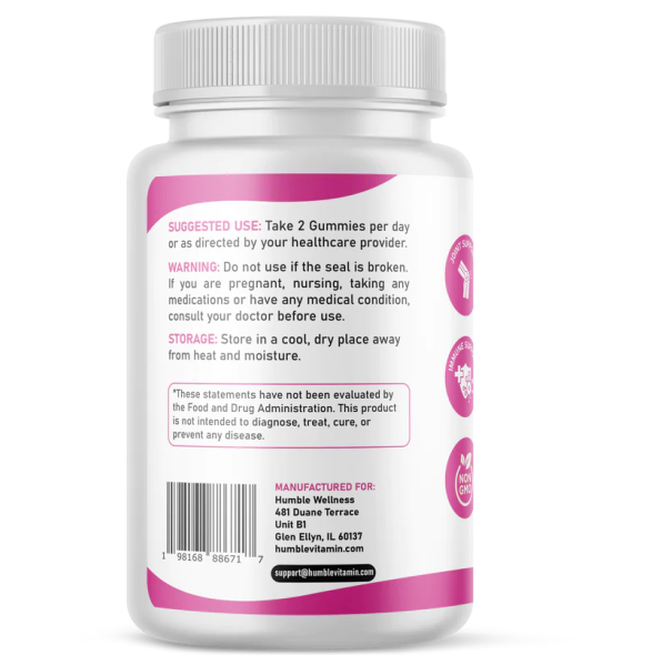 Colageno Multiple + Biotina + Vitamina C+ Silica + Acido Hialuronico (60 gomitas), Humble
