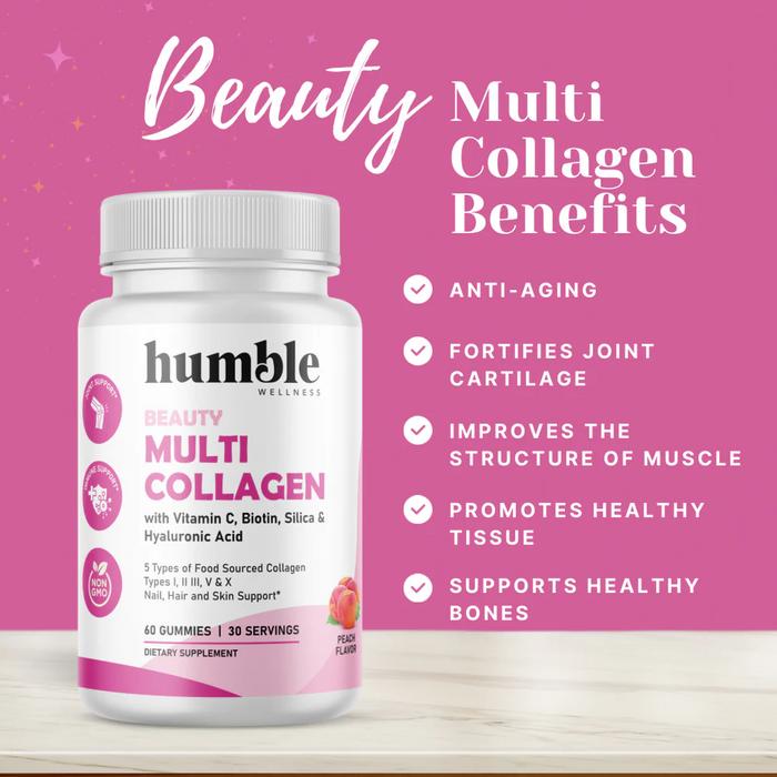 Colageno Multiple + Biotina + Vitamina C+ Silica + Acido Hialuronico (60 gomitas), Humble