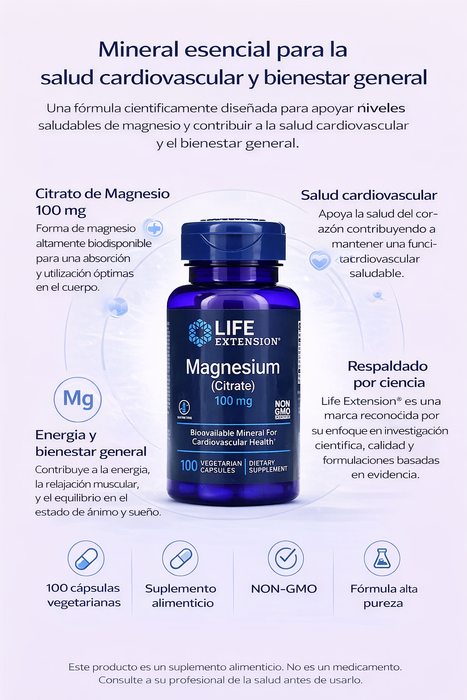 Citrato de Magnesio 100 mg (100 veg caps), Life Extension
