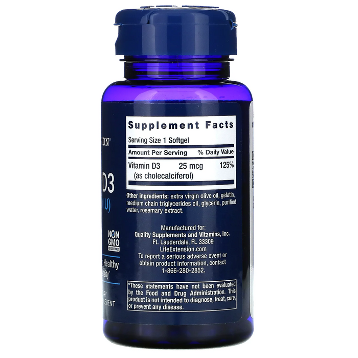 Vitamina D3 25 mcg 1000 UI (250 softgels), Life Extension
