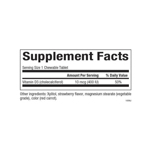 CC Vitamina D3 para Niños Sabor Fresa 10 mcg (400 IU) (100 tabs masticables), Natural Factors