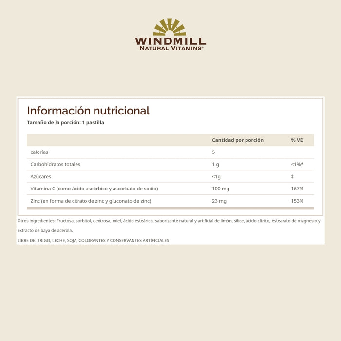 Zinc con Vitamina C Sabor Limón con Miel (50 tabs), Windmill