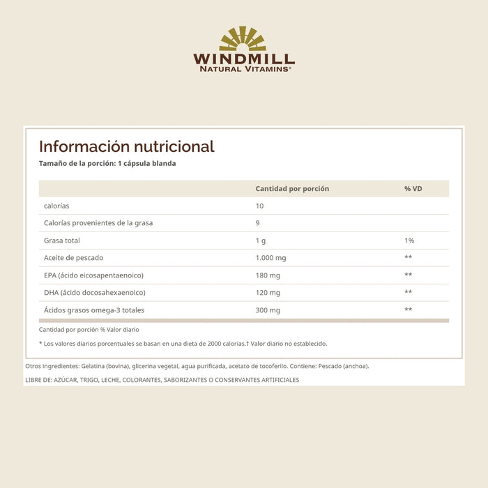 Omega-3 1000 mg con EPA y DHA (90 softgels), Windmill
