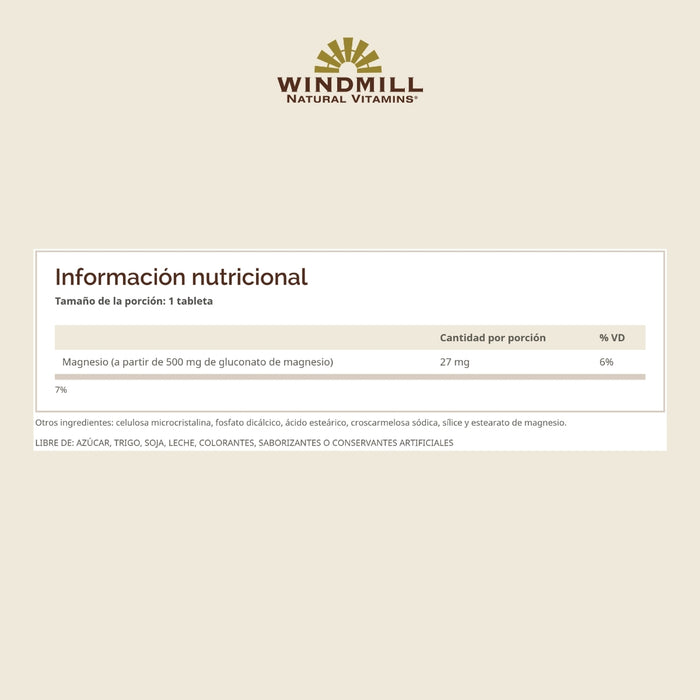 Gluconato de Magnesio 500 mg (90 tabs), Windmill