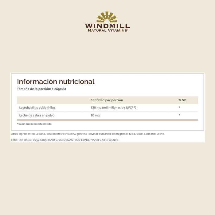 Probióticos con Leche de Cabra 1 Billon CFU (100 caps), Windmill