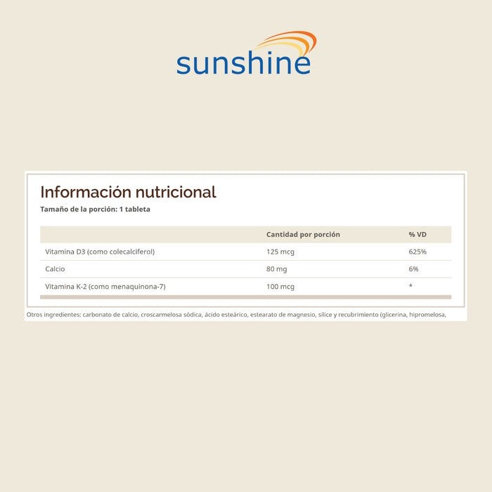 Vitamina D3 125 mcg 5000 IU con Vitamina K2 Máxima Absorción Sunshine™ (60 tabs), Windmill