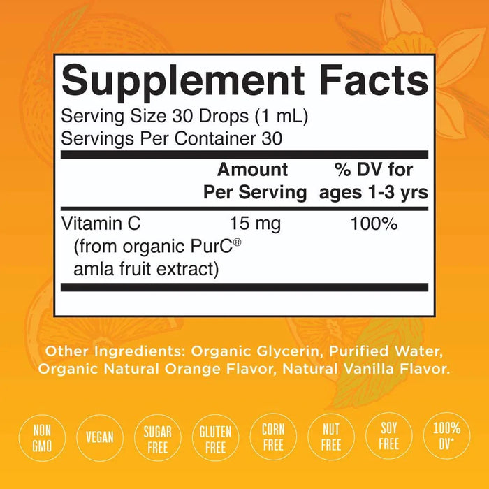 Vitamina C Organica para Niños Sabor Naranja, Liquida (1 fl oz 30 ml), Mary Ruth's