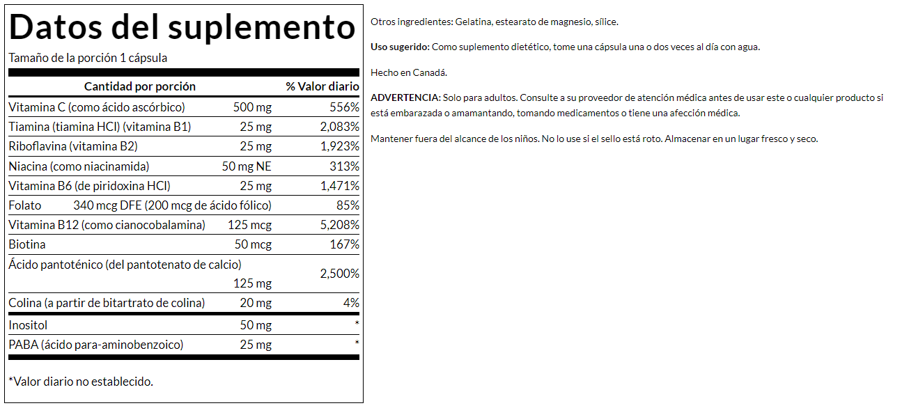 Complejo B con Vitamina C para la Salud ante el Estrés (240 cápsulas) | Swanson