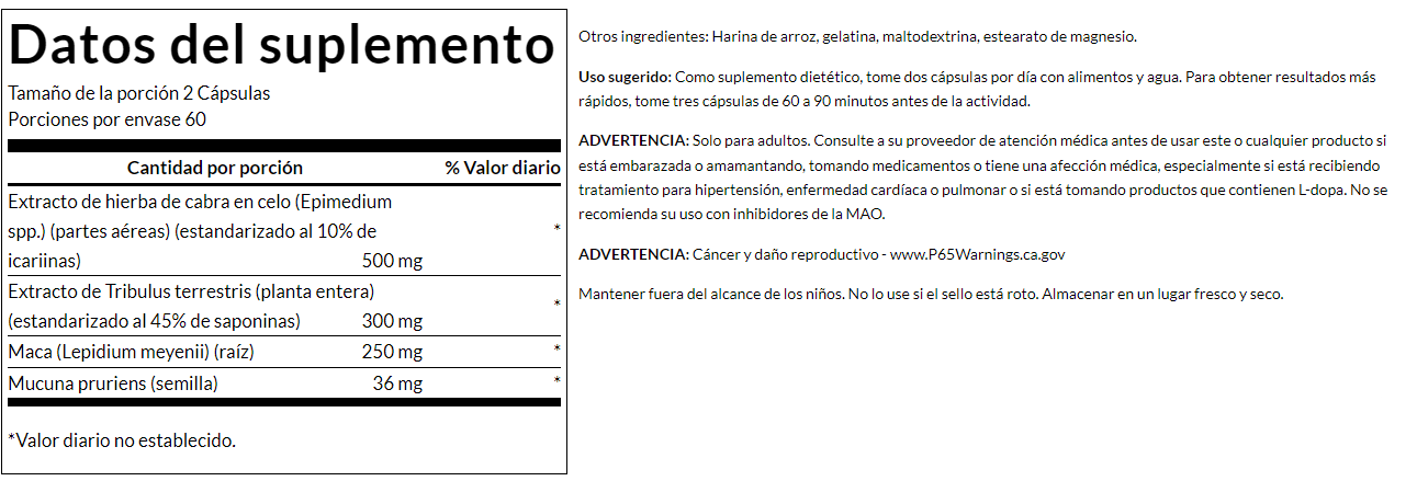 Complejo Horny Goat Weed Con Tribulus y Maca (120 caps), Swanson